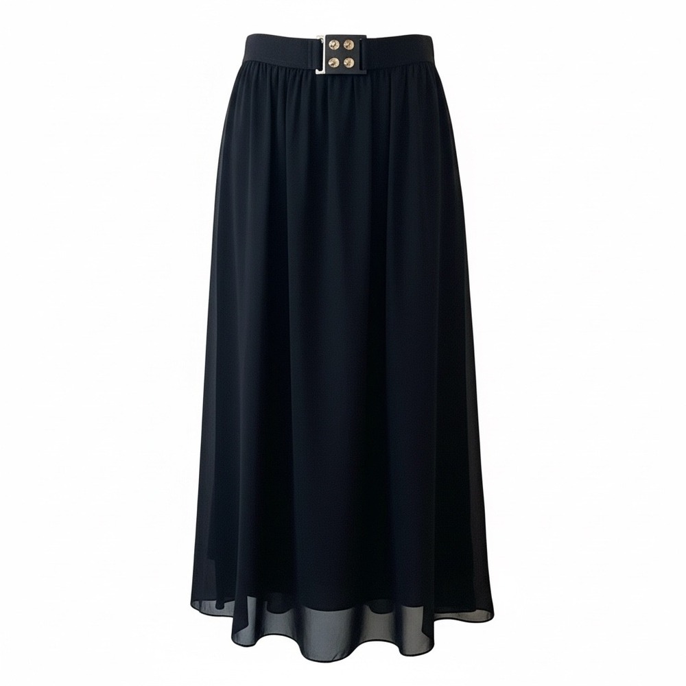 Vintage 90s Whimsigoth Black Sheer Airy Chiffon Maxi Skirt Decorative‎ Buckle M